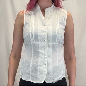 Carole Little Women's Linen Button Up Sleeveless Blouse Medium White
